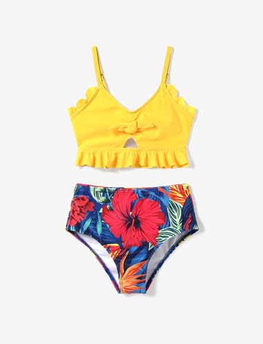 Short de banho de duas peças com tiras e estampa floral combinando para a família, Amarelado, 3-4 An
