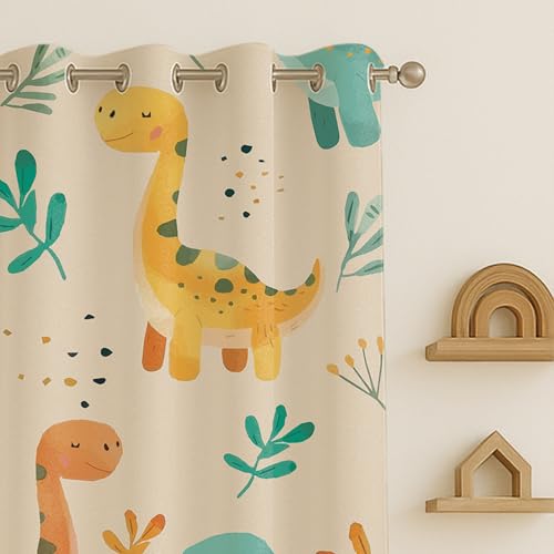 Image of STITCHNEST Velvet Kids Curtains Pack of 2 | Cute Dinosaur Jungle Print | Semi Blackout Curtains for Baby, Toddler & Nursery Room | 5 Feet