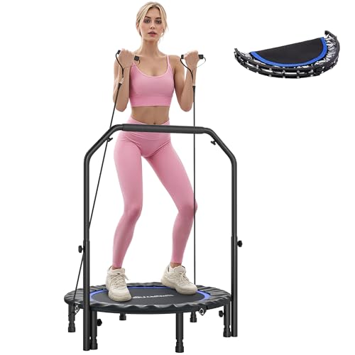 SPORTNOW Trampolín de Fitness Adultos Ø102 cm, Cama Elástica Plegable con Mango Ajustable de 4 Niveles y Bandas, para Entrenamiento Piernas Cuerpo en Hogar Oficina Gimnasio Exterior, Carga 150 kg Azul