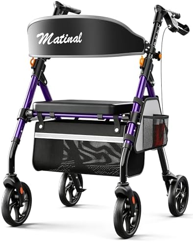 Matinal Leichte Rollatoren mit Sitz für Senioren, 158kg Tragkraft, Lila | Faltbare Walker, 20 cm Räder, 45 cm Großer Sitz, 6-fach Höhenverstellbar, Ultraleichter Aluminiumrahmen