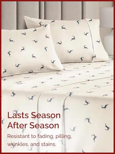 Queen Christmas Reindeer Sheet Set - Holiday Xmas Pattern Bedding Set - Deep Pockets - Snug Fit - 4 Piece - Wrinkle Free & Easy Care - Cozy Festive Winter - Holiday Sheets for Women, Men, Kids & Teens
