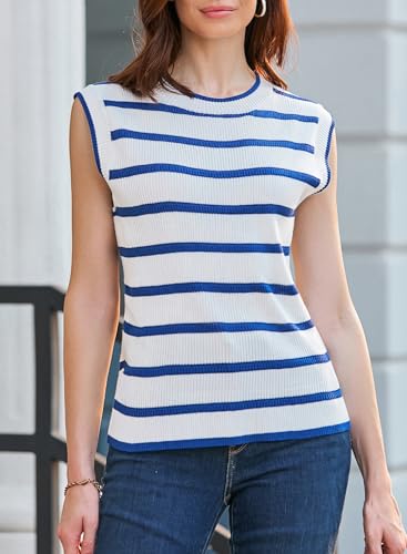 Image of Dokotoo Tank Top for Women 2026 Striped Casual Crewneck Sleeveless Lightweight Sweater Vest Knit Summer Clothes
