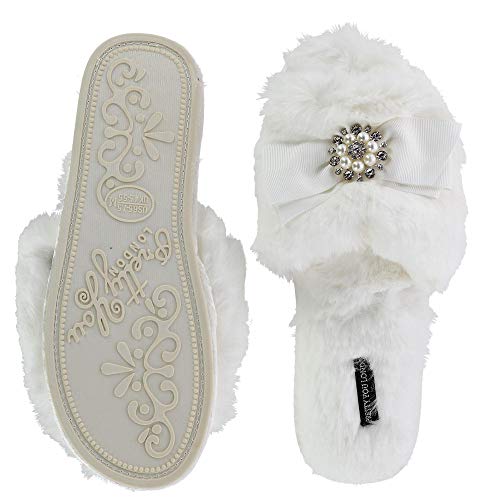 Faux Fur Bow Slippers with Rhinestones - Open Toe House Slides in Black (sizes Small to XLarge)4