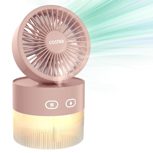 Image of COSTAR Portable Table Fan with Mist Humidify, USB Rechargeable Fan w /Night Light, Brushless 3 Speeds Personal Mini Fan, 180 Rotate Evaporative Air Cooler 350ml Water Tank