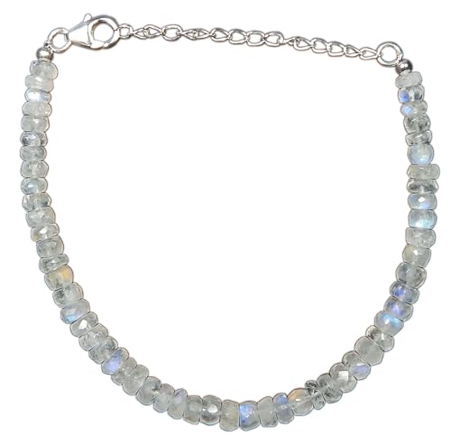 Faceted Blue Fire/Blue Flashes Natural Rainbow Moonstone Beaded 6.5 inch Bracelet with Additional 2 inch 92.5 sterling silver extension. Bead Size Varies from 2mm to 5mm.