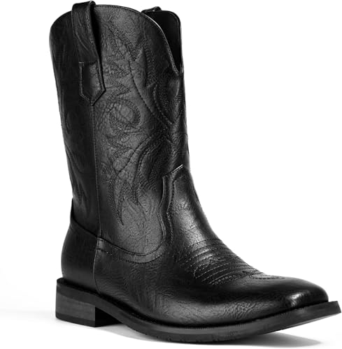 Lumeheel Cowboy Boots for Men - Western Square Toe Men's Black Boots with Classic Embroidered, Slip on Chunky Heel for Spring Fall 10.5M