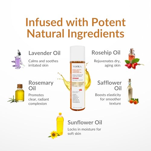 Nasola Kojic Acid & Turmeric Skincare Bio Pure Oil – Maximum Strength Clarifying Body Oil with Licorice, Jojoba, Rosehip & Lavender – Hydrating Moisturizer Serum for Uneven Skin Tone & Fine Lines
