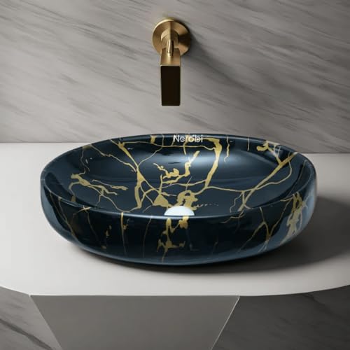 Image of Designer Counter Top Wash Basin | Tabletop Ceramic Bathroom Sink | Wash Basin Over Counter | Wash Basin For Bathroom, Living Room (24 x 15 x 6 Inch) (Black Gold Jelly)
