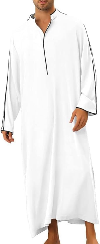 Mens Solid Saudi Arab Thobe Islamic Muslim Dubai Robe Long Sleeve Kaftan Long Gown Ethnic Shirt Clothes