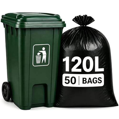 AOSULI Heavy Duty Black Bin Bags 120L for Garden, 50 Pack Refuse Sacks