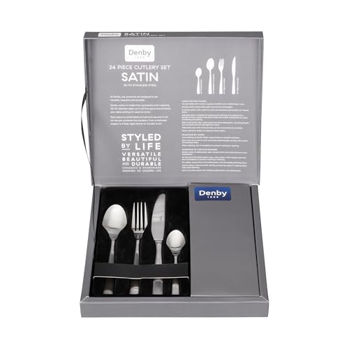 Denby - Satin 24 Piece Stainless Steel Cutlery Set for 6 People - Dishwasher Safe Tableware Kitchen Service – Flatware Set with Fork, Table Knife, Dessert Spoon & Teaspoon