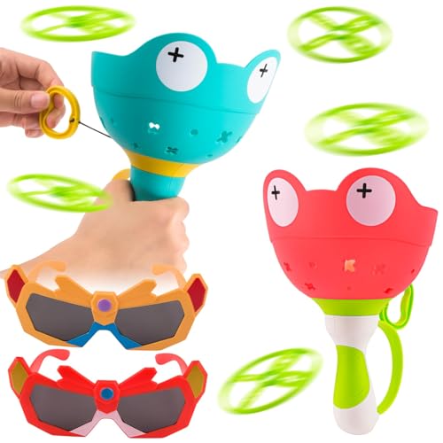 Muyohix Outdoor Spiele für Kinder Ab 3-10 Jahre, 2 Packs Fliegende Untertasse Launcher Mit Sonnenbrille, Gartenspielzeug für Kinder ab 4-8 Jahre, Propeller Spielzeug Geschenke für Garten