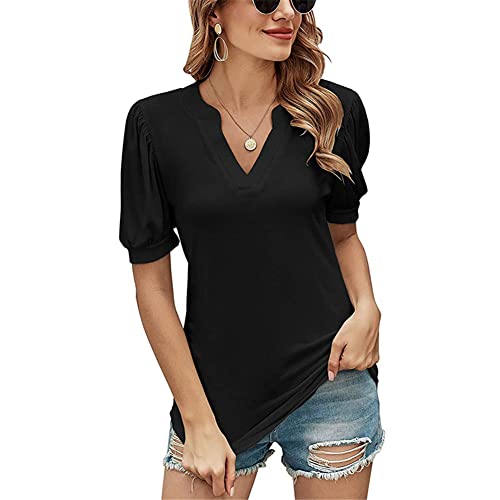 T-shirts décontractés avec col en V pour femme, lanterne à manches longues, pour femme, couleur unie, hauts, Noir , M Cover