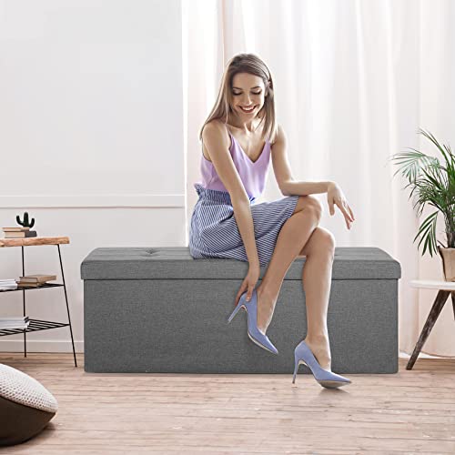 ZenStyle 43Inches Storage Ottoman Bench, Folding Footrest Padded Seat, Storage Chest Long Shoes Bench with Divider, Holds up to 660 lbs, for Living Room, Entryway, Bedroom, Light Gray