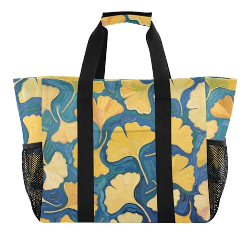 Gingko Leaf Blue Art Painting Utility Tote Collapsable Beach Tote Sandproof Reusable Shopping Bags with Handles Carrying Bags