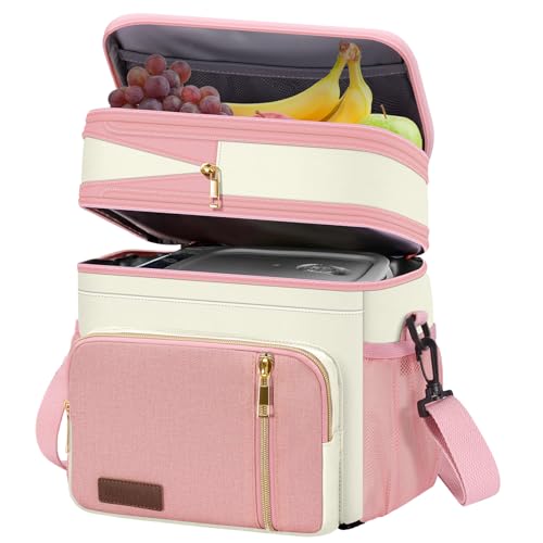 Image of MIYCOO Lunch Bag & Lunch Box for Women Men, Double Deck Leakproof Insulated Soft Large Adult Camping Cooler bag for Work, Beach, Picnic, Travel (Pink White, 15L)