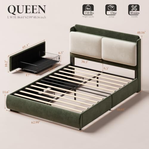 Image of Garvee Chenille Fabric Queen Size Bed Frame with 2 Storage Drawers - Green