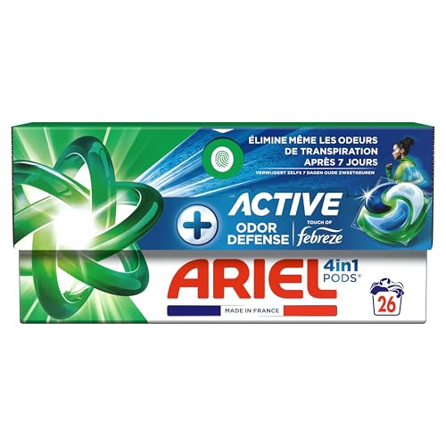 Ariel 4en1 PODS, Lessive Liquide En Capsules 26 Lavages, + Protection Active Contre Les Odeurs, Élimine même les odeurs de transpiration, même après 7 jours