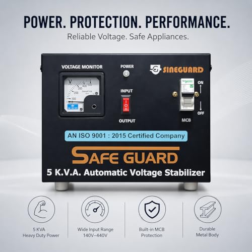 Image of 5 KVA Automatic Voltage Stabilizer for Home | 140V-440V Input Range | Double Phase Aluminum Body | Heavy Duty Voltage Protector with MCB & Meter Display