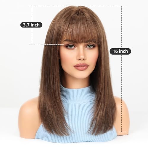 Image of KKU 16 Inch Brown Human Hair Wig,Human Hair Wigs,Human Hair Wig With Bangs, Lady Wigs Human Hair, Real Hair Wigs For Women