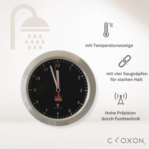 CLOXON Funkuhr Badezimmer mit Saugnapf Badezimmeruhr mit Thermometer Uhr mit Funk Bad Silber Funkuhr