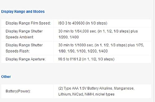 Sekonic L-478DR-U LiteMaster Pro Light Meter specifications table