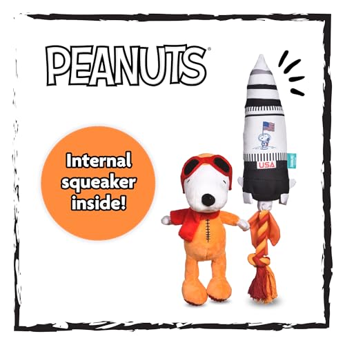 Peanuts for Pets Space Explorer Snoopy Plush and Rocket Ship Rope Tug Dog Toy Set, Squeaky Puppy Toys, Stuffed Animal, Ideal for Dog Birthday, Small and Large Dogs
