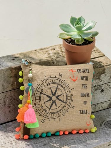 Image of The House of tara Casual Jute Purse For Women | Small Crossbody Sling Bag with Tassels, Zip Pocket & Removable Shoulder Strap | Printed Aesthetic Foldable Ladies Purse Handbag