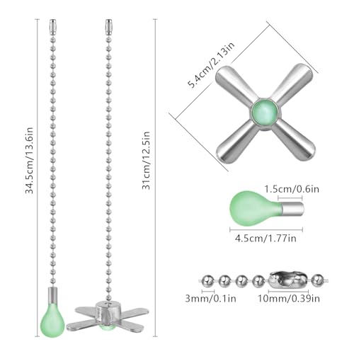 Dotlite Silver Ceiling Fan Pull Chain Set, 2Pack 3mm Diameter Beaded Fluorescent Decorative Pendant Extension, 12in Lighting & Fan Chain Extender with Connector Glow in The Dark(Silver)