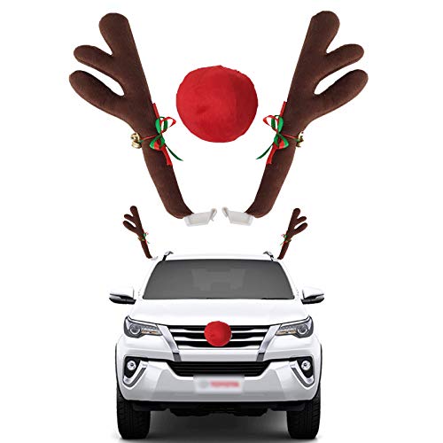image for COLORCASA Car Reindeer Antlers & Nose - Window Roof-Top & Grille Rudol