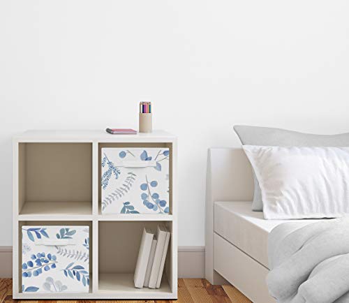 Image of Sweet Jojo Designs Floral Leaf Foldable Fabric Storage Cube Bins Boxes Organizer Toys Kids Baby Childrens - Set of 2 - Blue Grey and White Boho Watercolor Botanical Flower Woodland Tropical Garden
