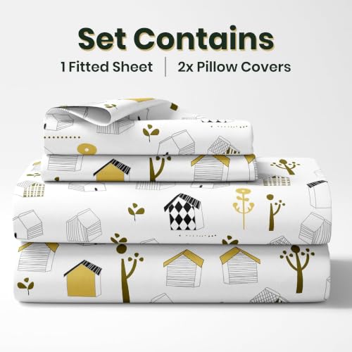 Image of LORETO - A QUALITY LINEN BRAND 144 TC 100% Pure Cotton King Size Fitted Bedsheet with 2 Pillow Covers for 72 x 72 Inch Mattress, All-Around Elastic, 8 Inch Deep Pocket, White Kids House Pattern