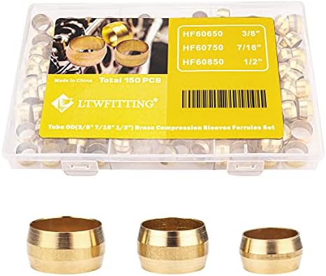 LTWFITTING Assortment Kit 3/8 7/16 1/2 Inch OD Compression Sleeves Ferrules, Brass Compression Fittings(Pack of 150)
