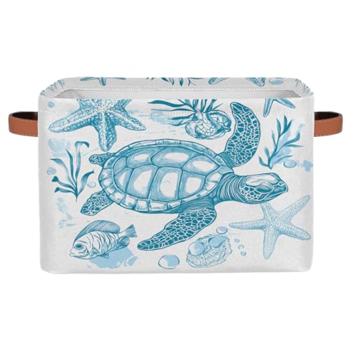 Image of Sea Turtle Storage Baskets for Organizing, Fabric Collapsible Storage Bins Box Ocean Animal Fish Decorative Toy Organizer Baskets for Closet Shelves Gift Basket 1 Pc