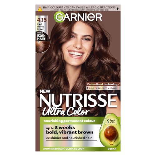 Garnier Nutrisse Ultra Color Hair Dye. For 100% Grey Coverage and a cool sophisticated 8-week colour No-ammonia Vegan formula Modern Iced Coffee Tone Shade: 4.15 Iced Coffee Brown