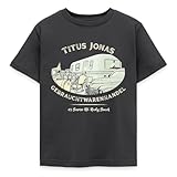 Spreadshirt Die DREI Fragezeichen Titus Jonas Gebrauchtwarenhandel Kinder T-Shirt, 110/116 (5-6 Jahre), Dunkelgrau