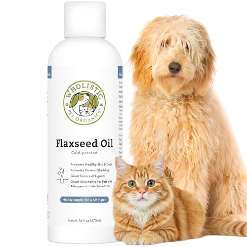 Wholistic Pet Organics Flaxseed Oil for Dogs and Cats - 16 Oz - Omega 3 for Dogs and Cats - Cat & Dog Skin and Coat Supplement for Itchy Skin, Shedding - Omega 3 6 9 Liquid Food Topper - 90 Day Supply