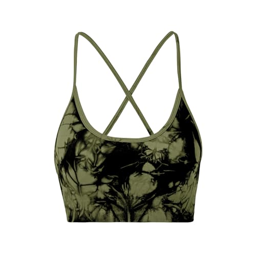 L9 OVESPORT Women's Sports Bras Tie-dye Seamless Workout Criss Cross Gym Yoga Strappy Crop Bra Military Green