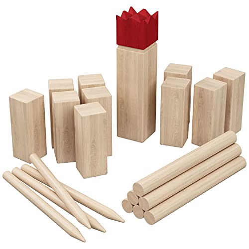 WELLGRO XL Kubb Spiel - 2-12 Spieler, massiv Holz, roter König, Wikingerspiel inkl. Spielanleitung, Tasche… – Bild 4