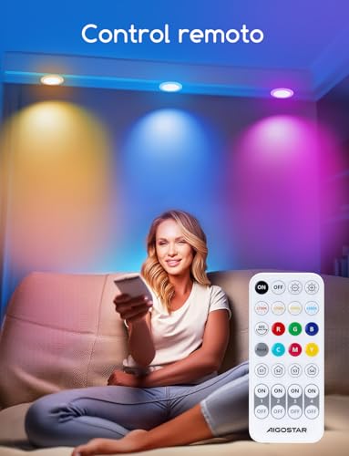 Aigostar 15W Downlight LED Techo Emportrable Inteligente, Focos Empotrada Bluethooth Mesh Compatible con Alexa, 1430LM RGB y Blanco Regulable 2700-6500K, con Control Remoto， IP44, Ф150-160mm, 4 Uds - imagen 7
