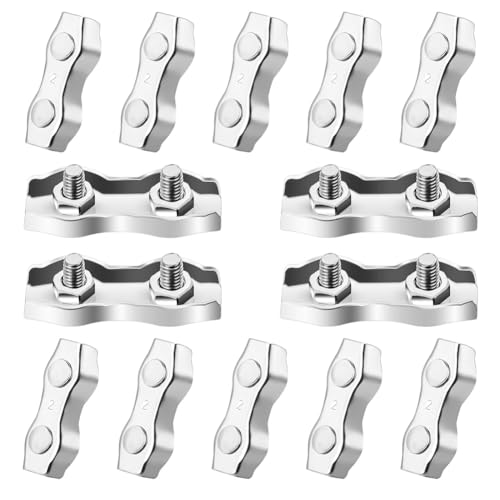 Geuxe 14PCS 2-Post Wire Rope Clamp M2 1/16inch Cable Wire Clamp Double Bolt Wire Rope Clips for 1/16 Inch/ 1.5mm Wire Rope, Silver