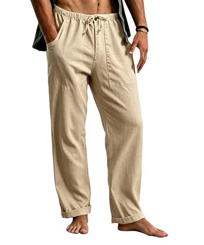 Cegerne Pantalon en Lin Homme Long Léger, Pantalon d'Été Décontracté avec Taille Élastique et Cordon, pour Plage Vacances Médiéval Vintage Usage...