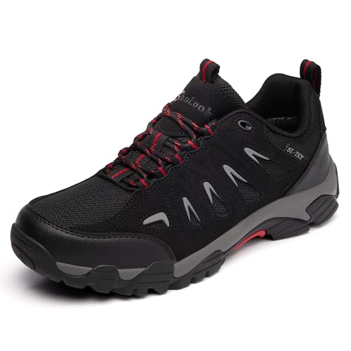 SHULOOK Men's Waterproof Hiking Shoes Lightweight Anti Slip Outdoor Ankle Boots Breathable Hike Trekking Trails Shoe Black/Red 10.5