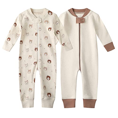 Owlivia Baby Schlafstrampler aus Bio Baumwolle, für Mädchen und Jungen, Langarm (Minibären & Beige, 6-12 Monate)
