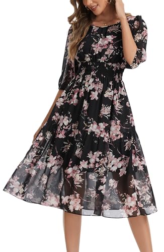 Image of Kormei Women Casual Boho Floral Round Neck 3 /4 Sleeve Smocked Waist Tiered A Line Flowy Swing Midi Dress Long Dresses