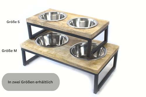 Foodbar aus Mangoholz - Futterstation mit Zwei Edelstahlnäpfen für Hunde und Katzen - Zwei Verschiedene Größen (Medium 39x22x12,3cm)