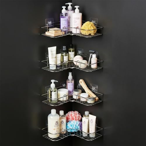 Image of Amazon Basics Self-Adhesive Corner Shelf | No-Drill, Wall-Mounted Organizer for Bathroom, Kitchen & Living Room - Premium Rust Proof GI Metal, 27 x 27 x 6 cm, Chrome, Pack of 4