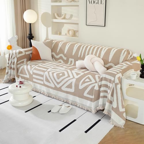 Royhom Manta Cubre Sofa, Fundas para Sofas 2 y 3 Plazas, Funda para Sofá Universal, Fundas Sofá de Chenille Antiarrugas con Borlas Decorativas, Boho Caqui, 180x300 cm