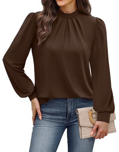 Image of WIHOLL Long Sleeve Shirts for Women Mock Neck Tops Pleated Front Blouses Dressy Casual Spring Fall Clothes 2026 Fashion