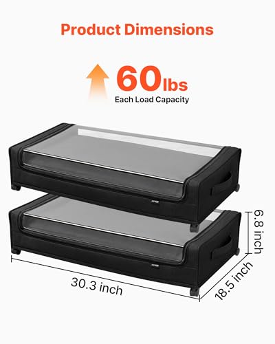 Image of VEVOR Under Bed Storage with Wheels, 30.3 x 18.5 x 6.8 inch, Underbed Containers with Clear Lid, Underbed Shoe Organizer, Rolling Under the Bed Storage Bins for Clothes Shoes Blankets Bedroom, 2 Pack